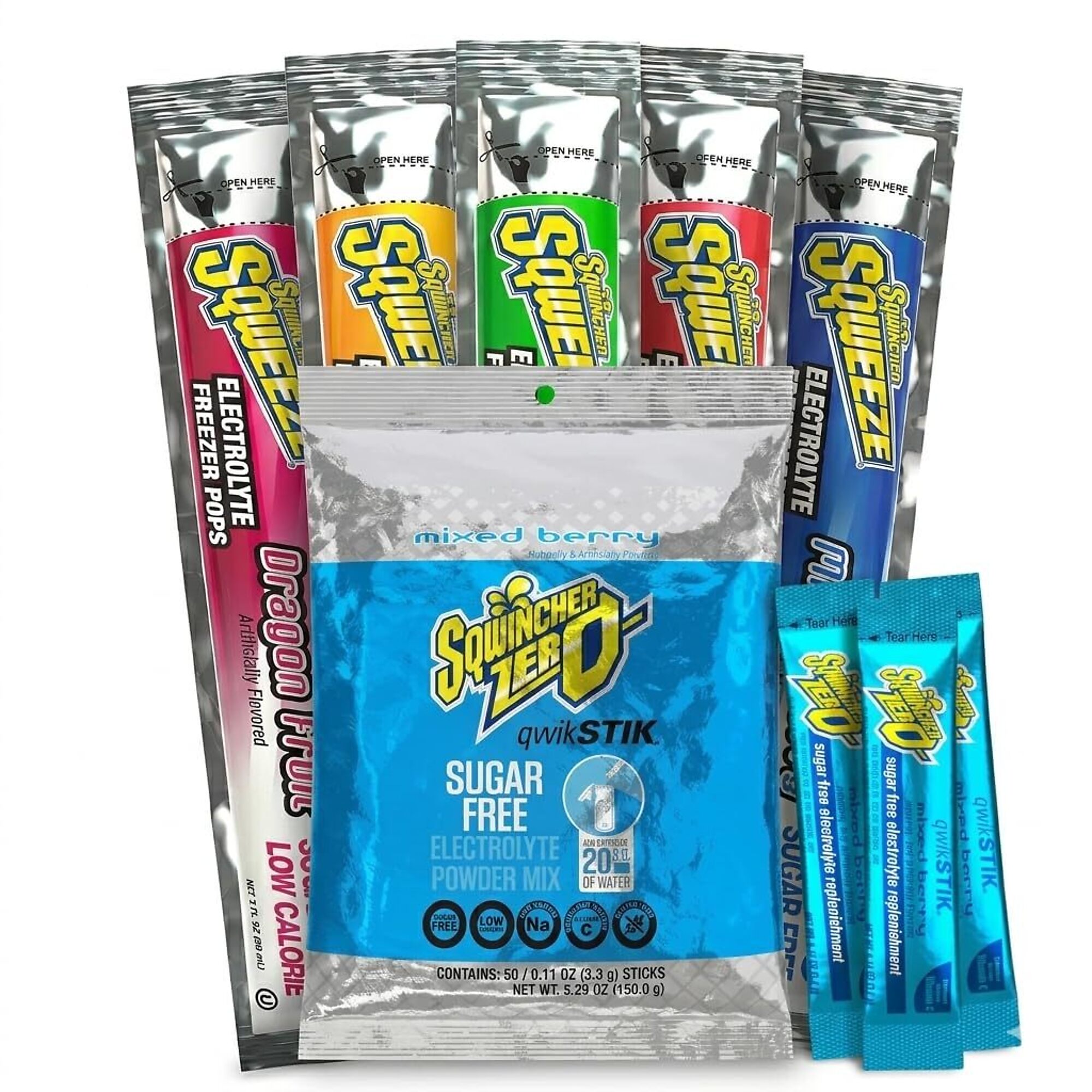 Sqwincher Bundle: Mixed Berry Zero Qwik Stik 50 Pack and Sqweeze Sugar Free Freezer Pops 50 Count